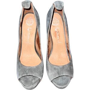 Jeffrey Campbell Gray Suede Peep Toe Wide Heel Pumps Heels Shoes size 8